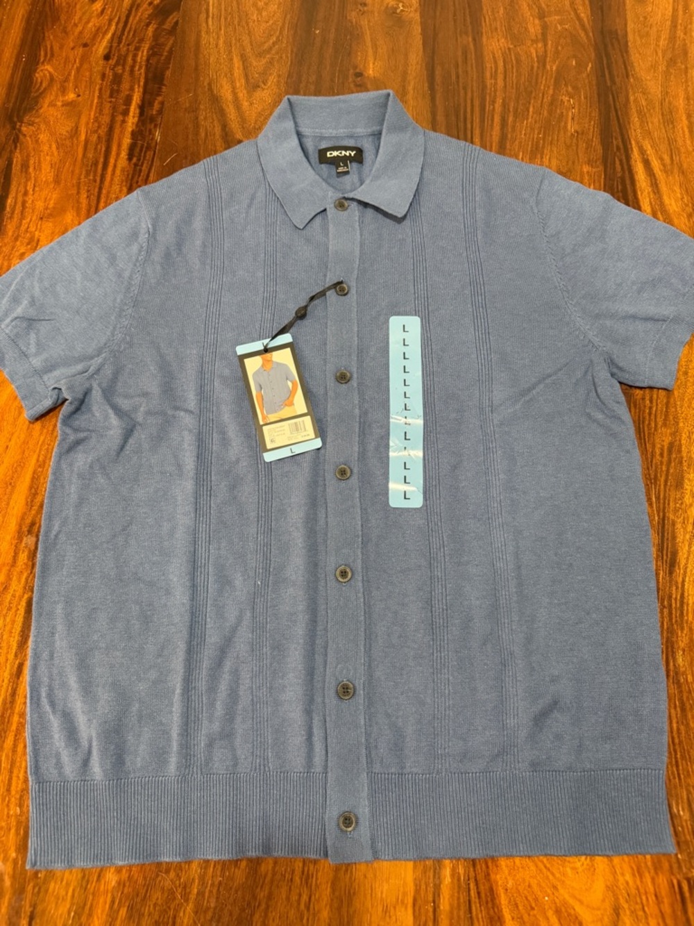 DKNY Men's Blue Short Sleeve Knit Button-Down Shirt | Soft Collar | Casual